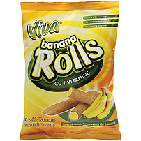 Viva Rolls – Kakaohaltige Röllchen aus extrudiertem Getreide mit 50% Cremefüllung mit Bananengeschmack mit Zusatz von Vitaminen