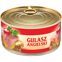 Schweinefleisch Geschmort "GULASZ ANGIELSKI" Grob, zum Teil fein zerkleinertes Schweinefleisch mit 2% Rindfleisch, mit zugesetztem Wasser, Schweineseparatorenfleisch, Schwarten und Kartoffelstärke.