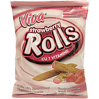 Viva Rolls – Kakaohaltige Röllchen aus extrudiertem Getreide mit 50% Cremefüllung mit Erdbeergeschmack mit Zusatz von Vitaminen