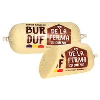 Traditioneller rumänischer Käse "Branza de Burduf" aus Käse aus pasteurisierter Kuhmilch und Käse aus pasteurisierter Schafsmilch. Halbfester Schnittkäse. Mindestens 45% Fett i. Tr., "De la Ferma"