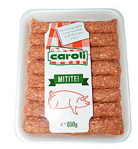 Caroli-Röllchen aus Hackfleischzubereitung mit Schweinefleisch (Mititei/Mici), zugesetztem Trinkwasser und Sojaeiweiß, tiefgefroren