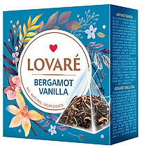 "LOVARE-BERGAMOT VANILLA"– Aromatisierter Schwarzer Tee mit Orangenblütenblättern, Vanillegeschmack und Bergamottegeschmack, in Pyramidenfiltern.