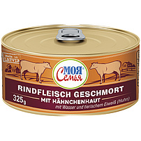 "MOJA SEMJA" Rindfleisch geschmort. Mit Hähnchenhaut Zusatz, Wasser, und tierischem Eiweiß (Huhn).