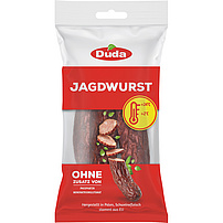 "Jagdwurst" Schweinefleischwurst mittelgrob zerkleinert, geräuchert, gebrüht, getrocknet.