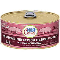 "MOJA SEMJA" Schweinefleisch geschmort. Mit Hähnchenhaut, Wasser und tierischem Eiweiß (Schwein).