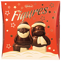 "Chocolate Figures" Pralinen aus Schokolade (34%) und weißer Schokolade (9%), gefüllt mit Creme mit Haselnussaroma (57%).