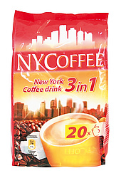 Lösliches Kaffeegetränkepulver in Portionsbeutel "NYCoffee Coffee Drink 3in1", 14g x 20 Beutel. Zubereitet trinkfertig gesüßt und weiß.